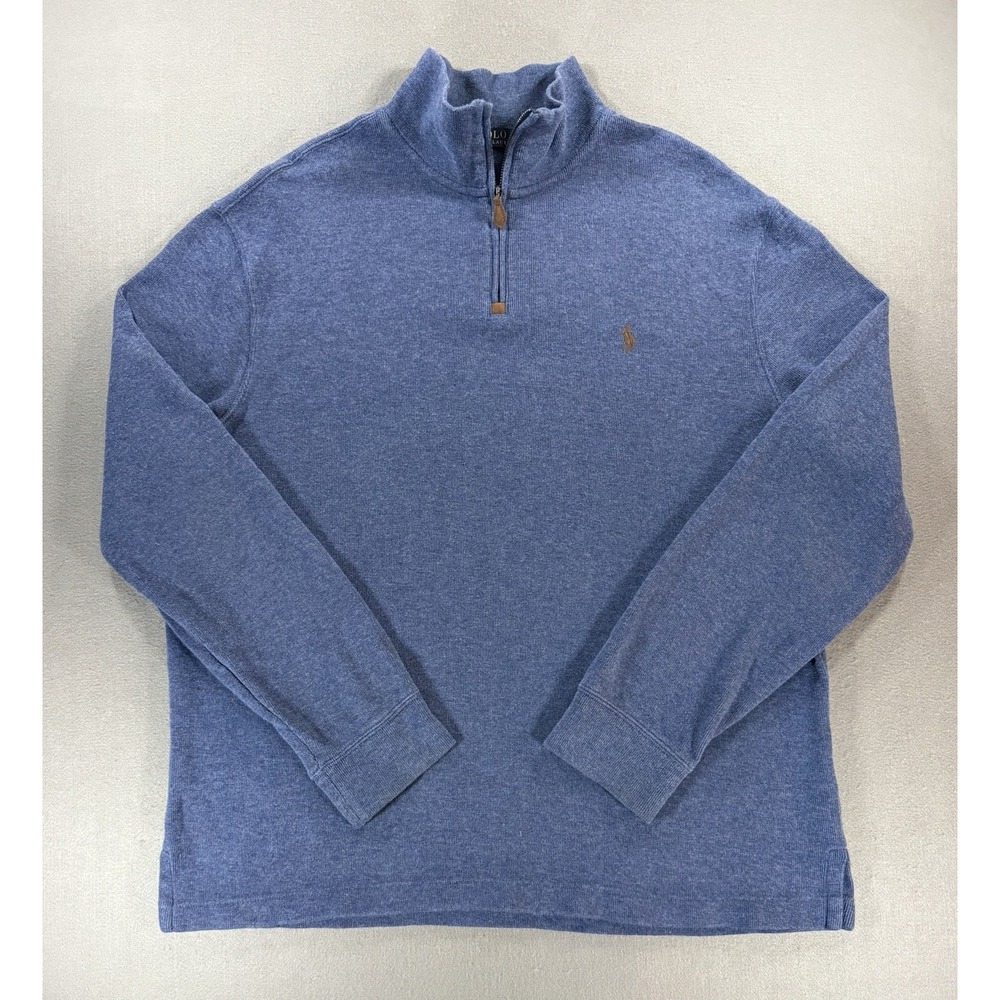 Polo Ralph Lauren Mens 1/4 Zip Sweater In Blue Size XL With Brown Pony